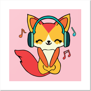 Happy fox with headphones Posters and Art